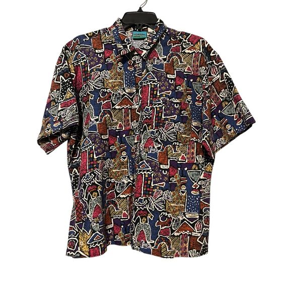 Vintage Women's Patagonia Fishing Tribal Aloha Aztec Print Hawaiian Shirt L - Picture 1 of 6